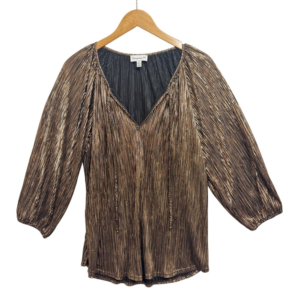 Veronica‎ M Metallic Pleated V Neck Dolman Sleeve Top XL Bronze Gold